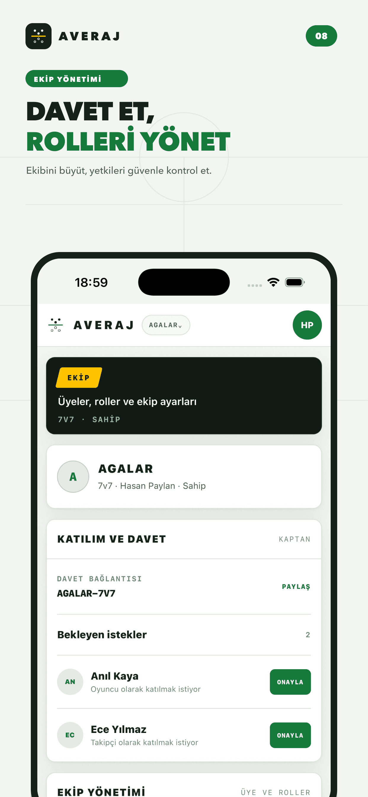 Averaj ekip yönetimi ekranı