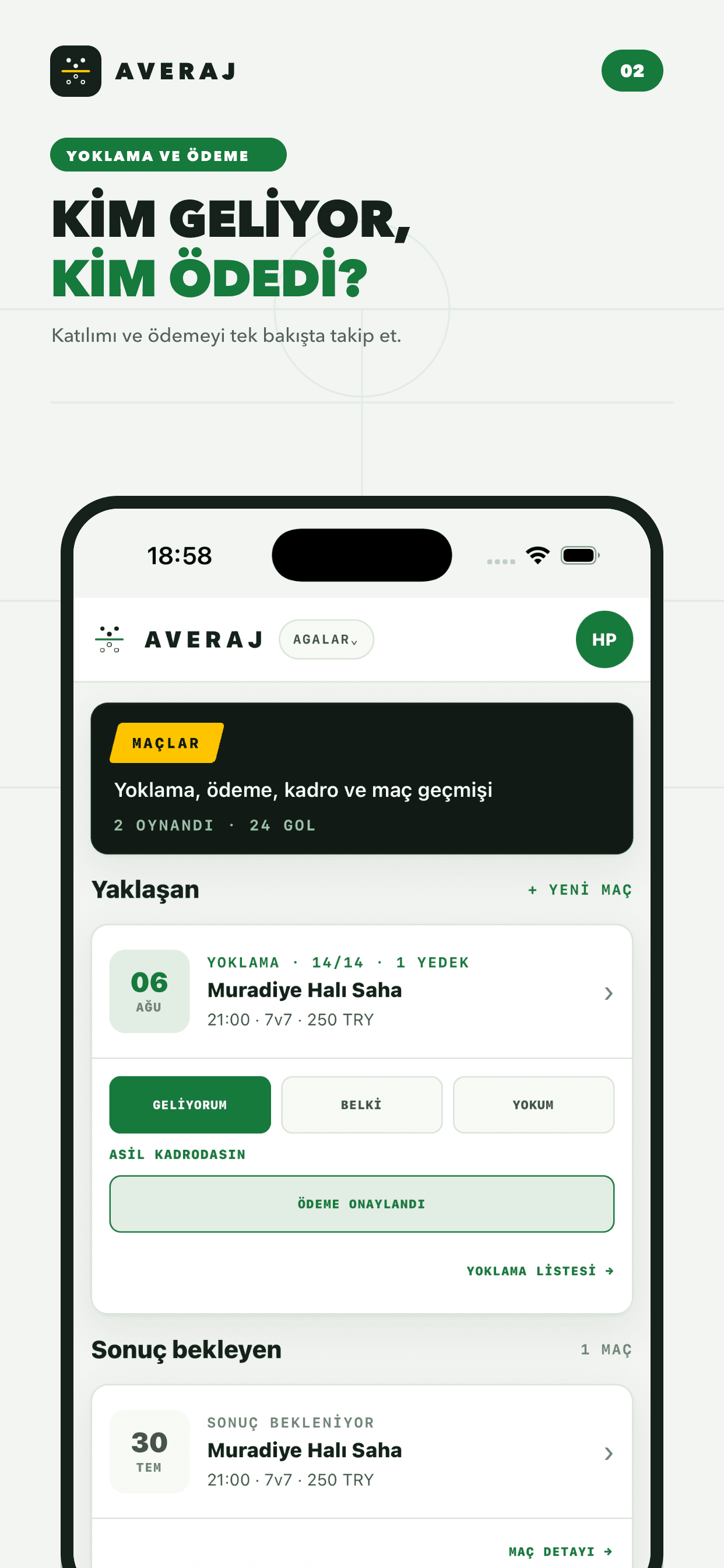 Averaj uygulamasında yoklama ve ödeme takibi ekranı